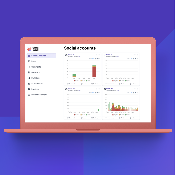 Preview of Social accounts user interface in TrollWall AI application