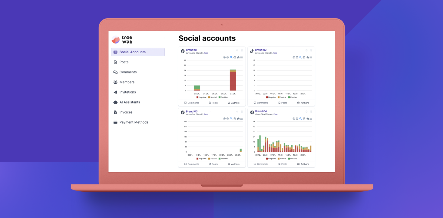 Preview of Social accounts user interface in TrollWall AI application